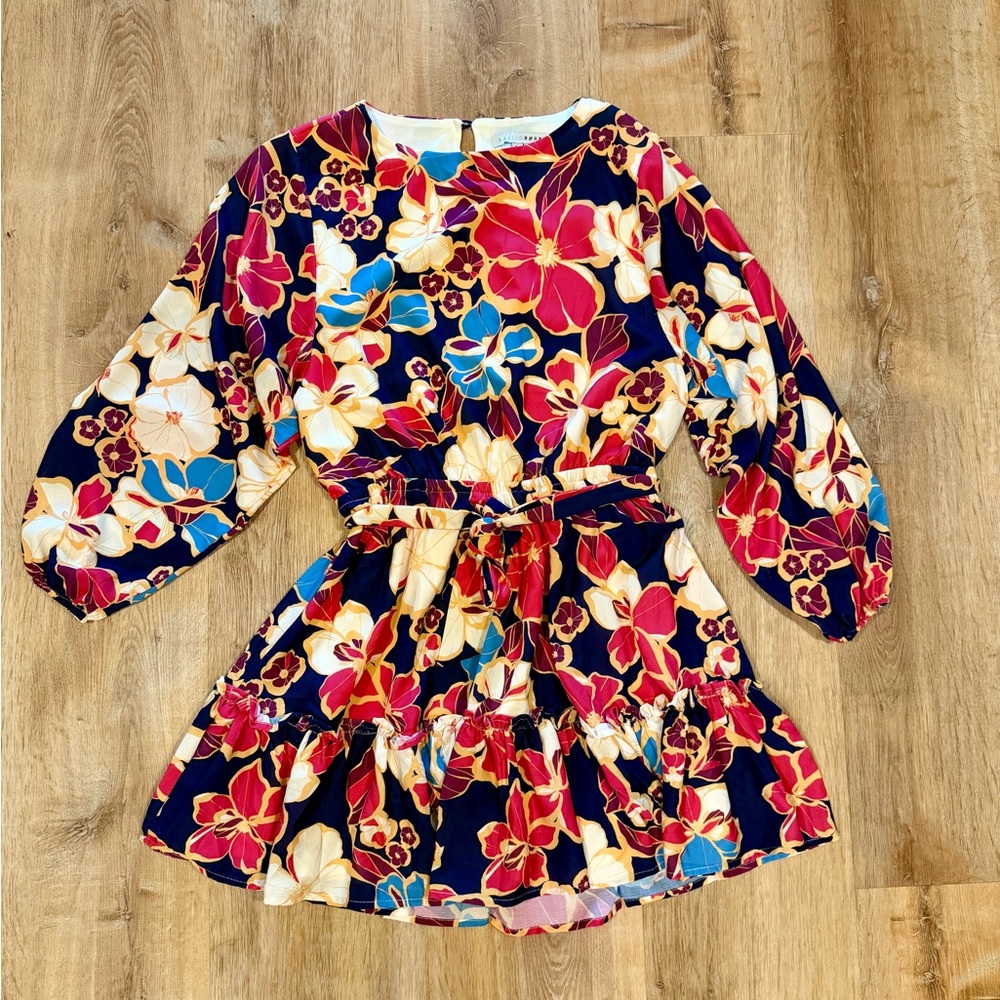 Baltic Born Floral Mini Dress – Belted Waist, Ruffle Hem (Size L)